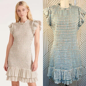 Veronica Beard Cici White Seersucker Smocked Mini‎ Dress Ruffle Hem Size 12 NWT